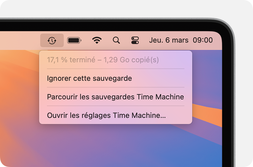 Menu Time Machine affichant la progression d’une sauvegarde.