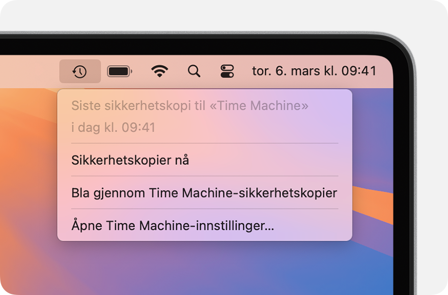 Time Machine-meny som viser informasjon om den siste sikkerhetskopieringen.