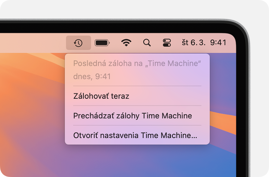 Menu Time Machine s podrobnosťami o poslednom zálohovaní.