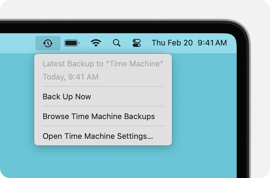 Time Machine menu showing details about the latest backup.