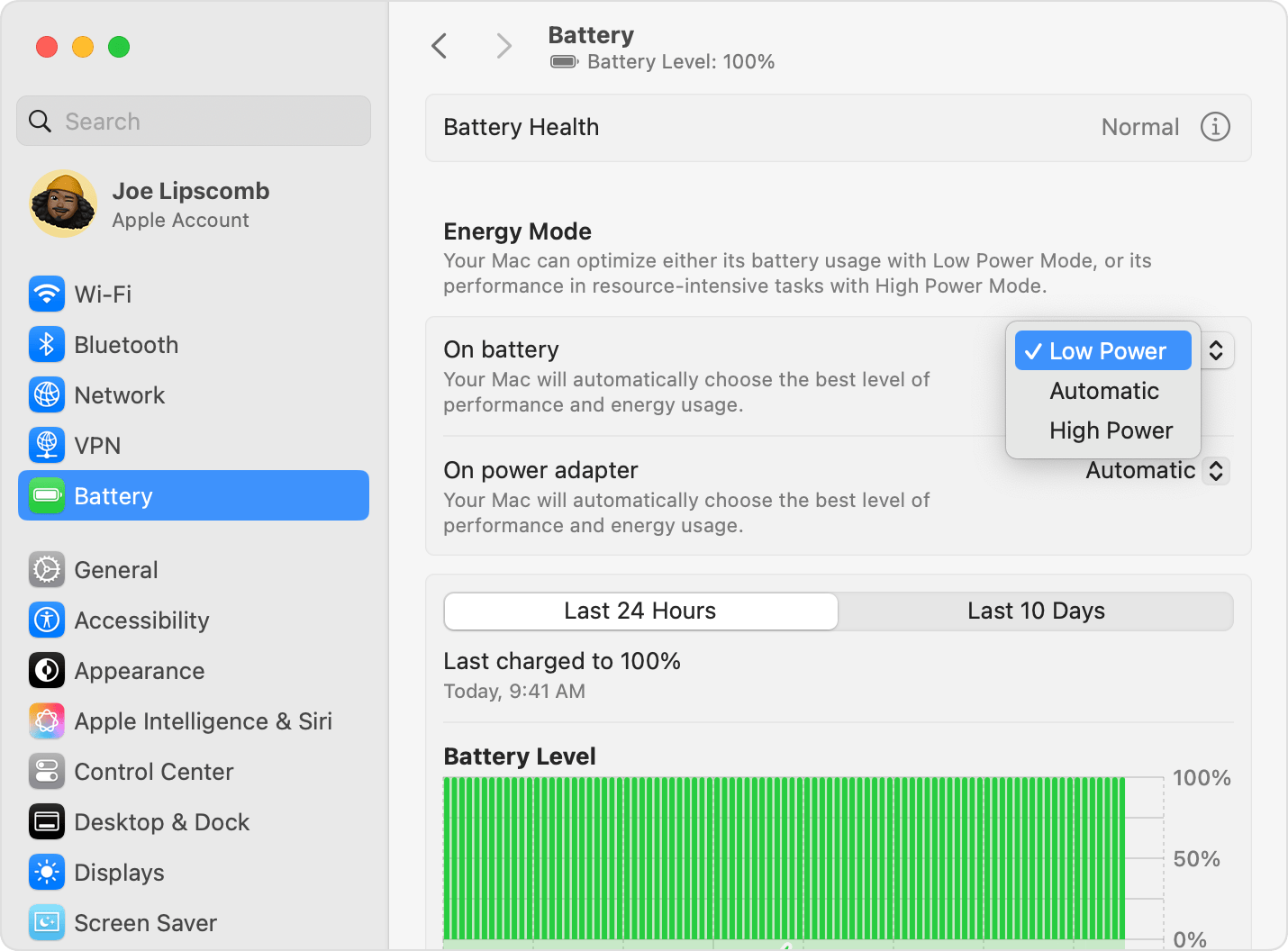 Changement du mode d’énergie dans les Réglages Système sur Mac.