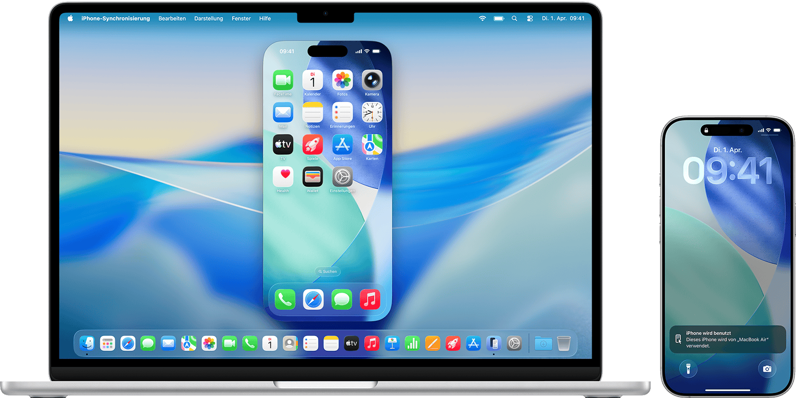 MacBook Air, das ein sich in der Nähe befindendes iPhone synchronisiert.