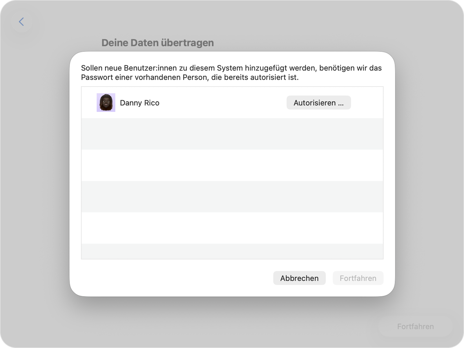 Der Migrationsassistent fragt nach dem Passwort eines bestehenden Accounts, um die Übertragung zu autorisieren.