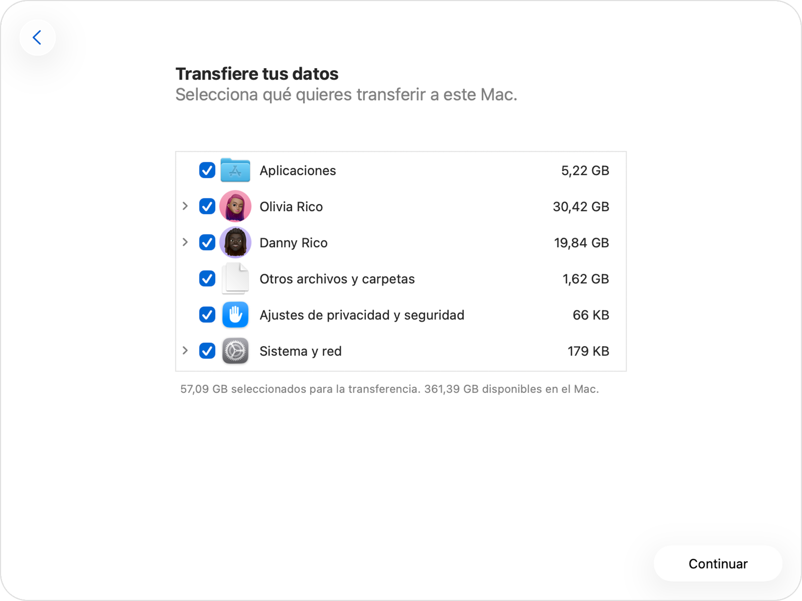 Asistente de Migración que muestra las distintas categorías de información.