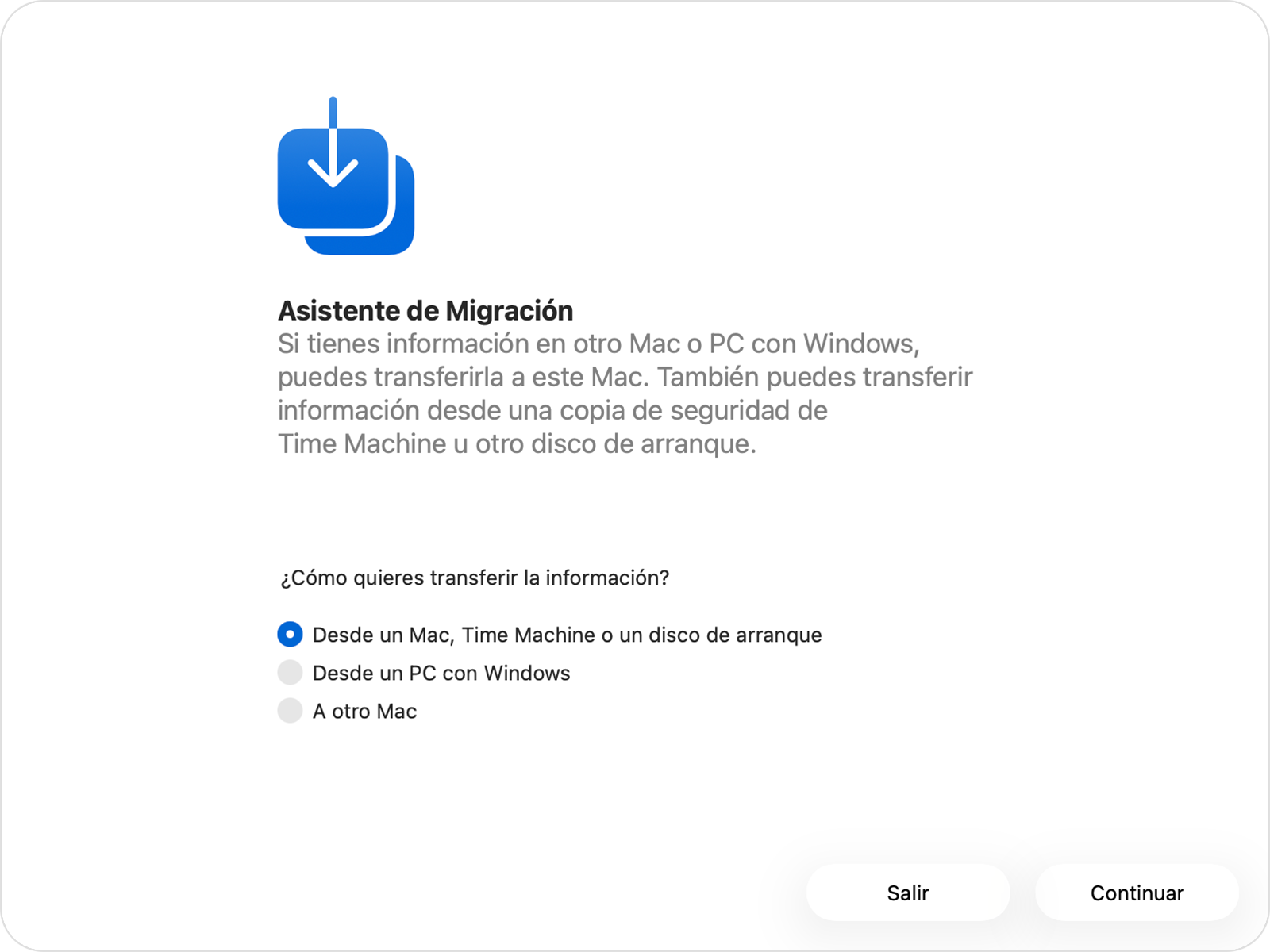 Asistente de Migración con la opción “Desde un Mac, copia de seguridad de Time Machine o disco de arranque” seleccionada.