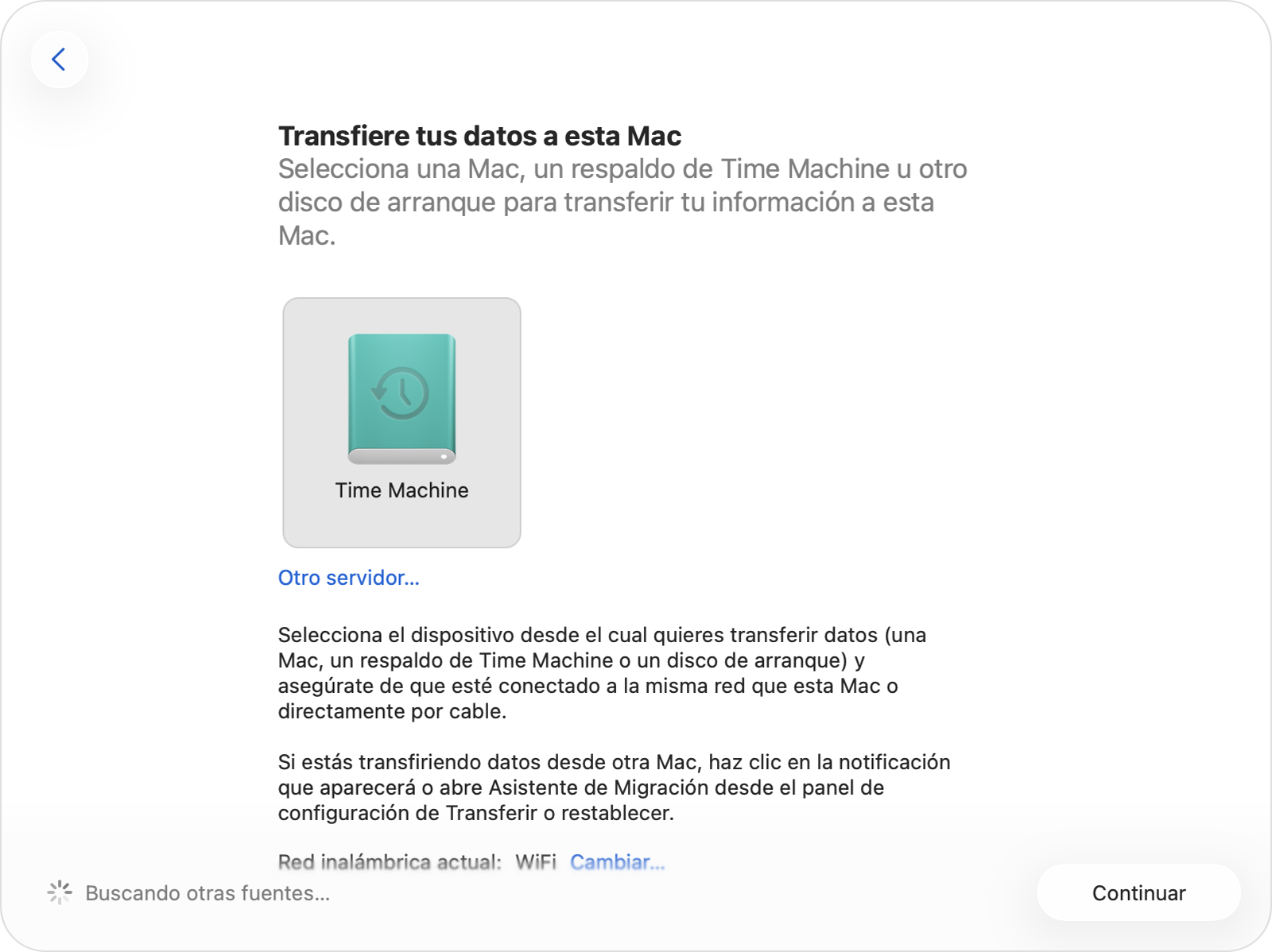 Asistente de Migración en el que se muestra el ícono seleccionado de un disco de Time Machine.