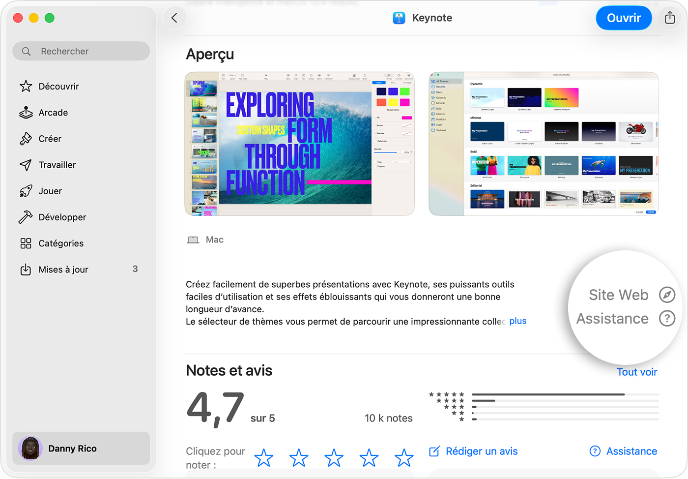 Sur un Mac, la page d’aperçu de Keynote est affichée dans l’App Store. Dans le coin inférieur droit, les boutons Site Web et Assistance sont mis en surbrillance.