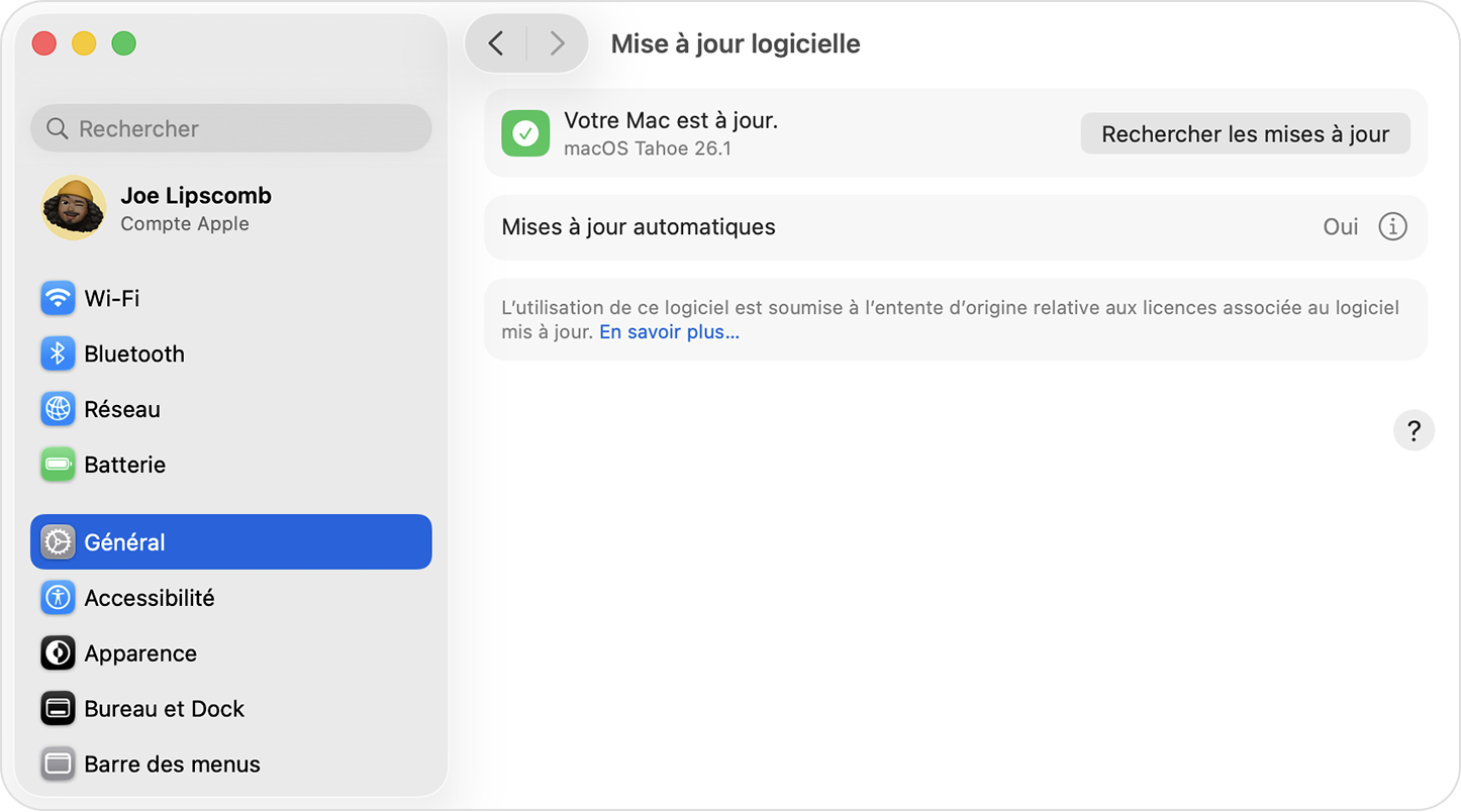 Mise à jour logicielle dans macOS Sequoia qui n’affiche aucune mise à jour disponible.