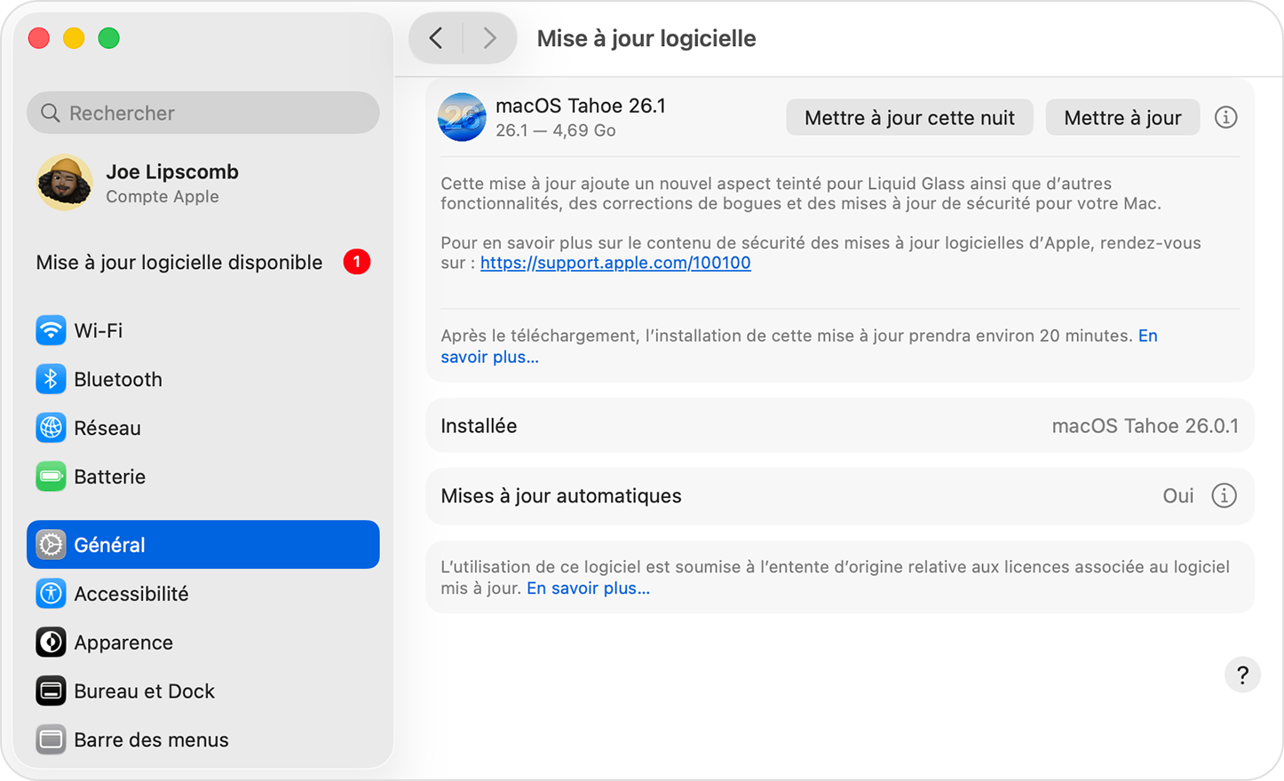Mise à jour logicielle dans macOS Sequoia qui affiche une mise à jour disponible.