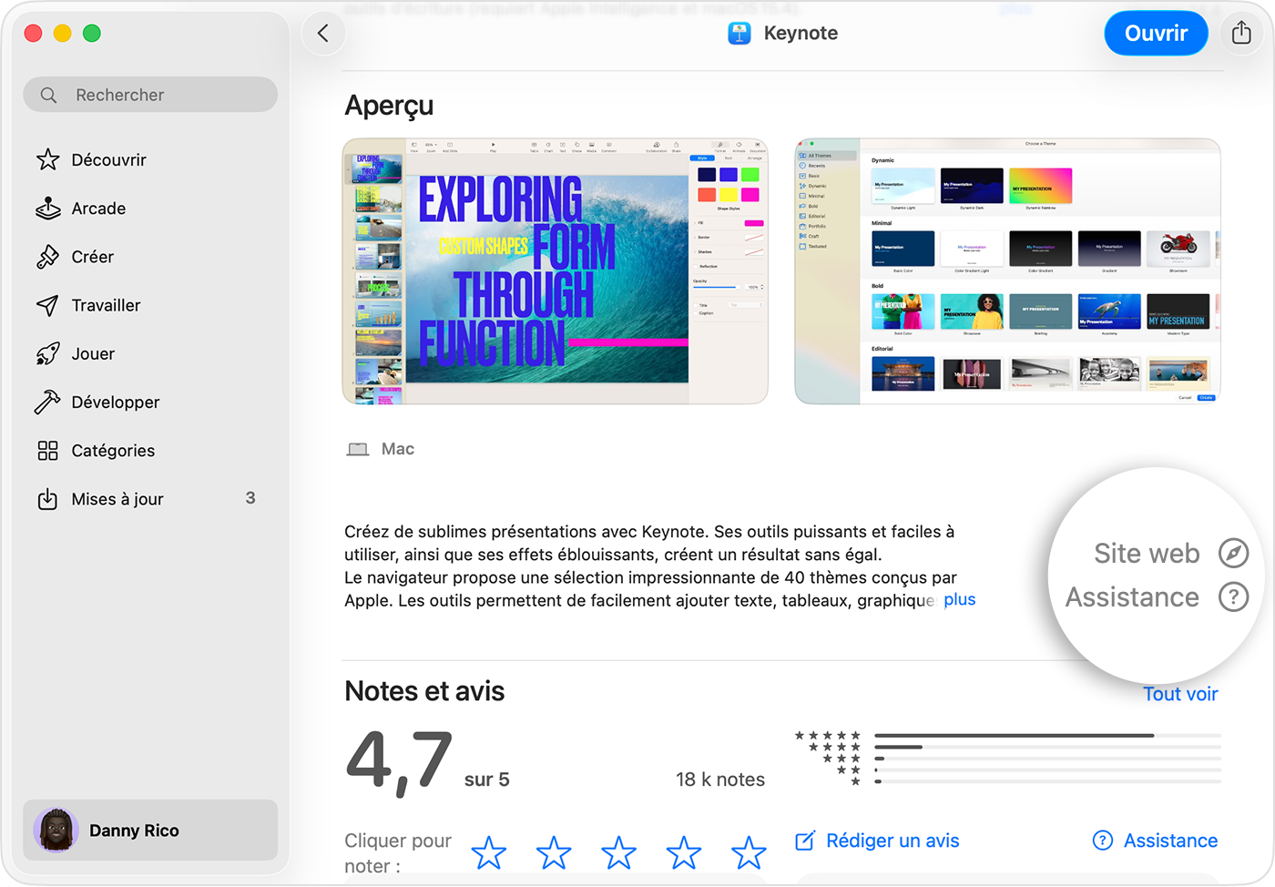 Sur un Mac, l’App Store affiche la page d’aperçu de Keynote. En bas à droite, les boutons Site web et Assistance sont mis en évidence.
