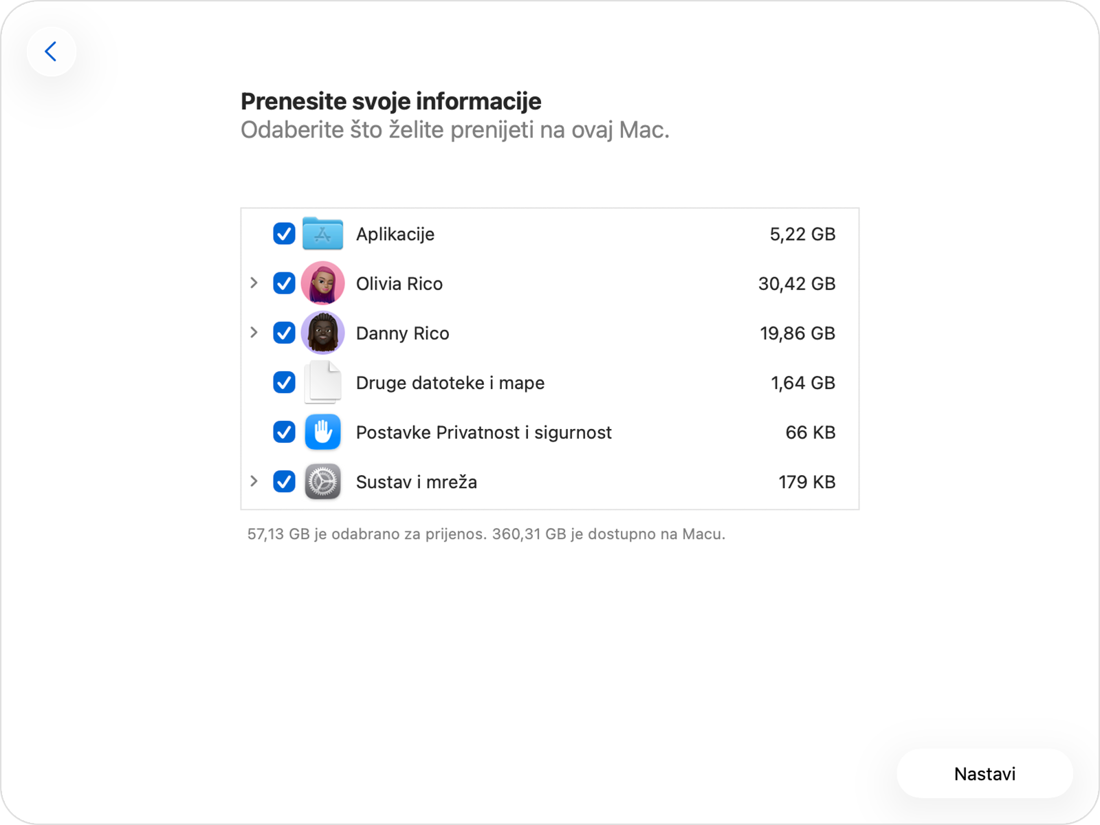 Asistent za migraciju u kojem se prikazuju različite kategorije informacija.