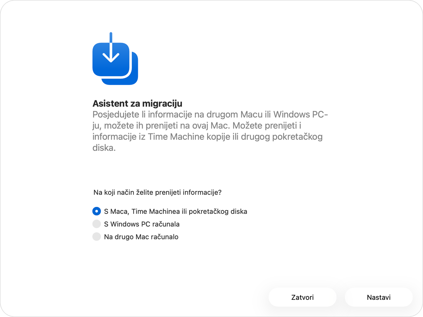 Asistent za migraciju s odabranom opcijom „S Maca, iz aplikacije Time Machine ili s diska za pokretanje”.