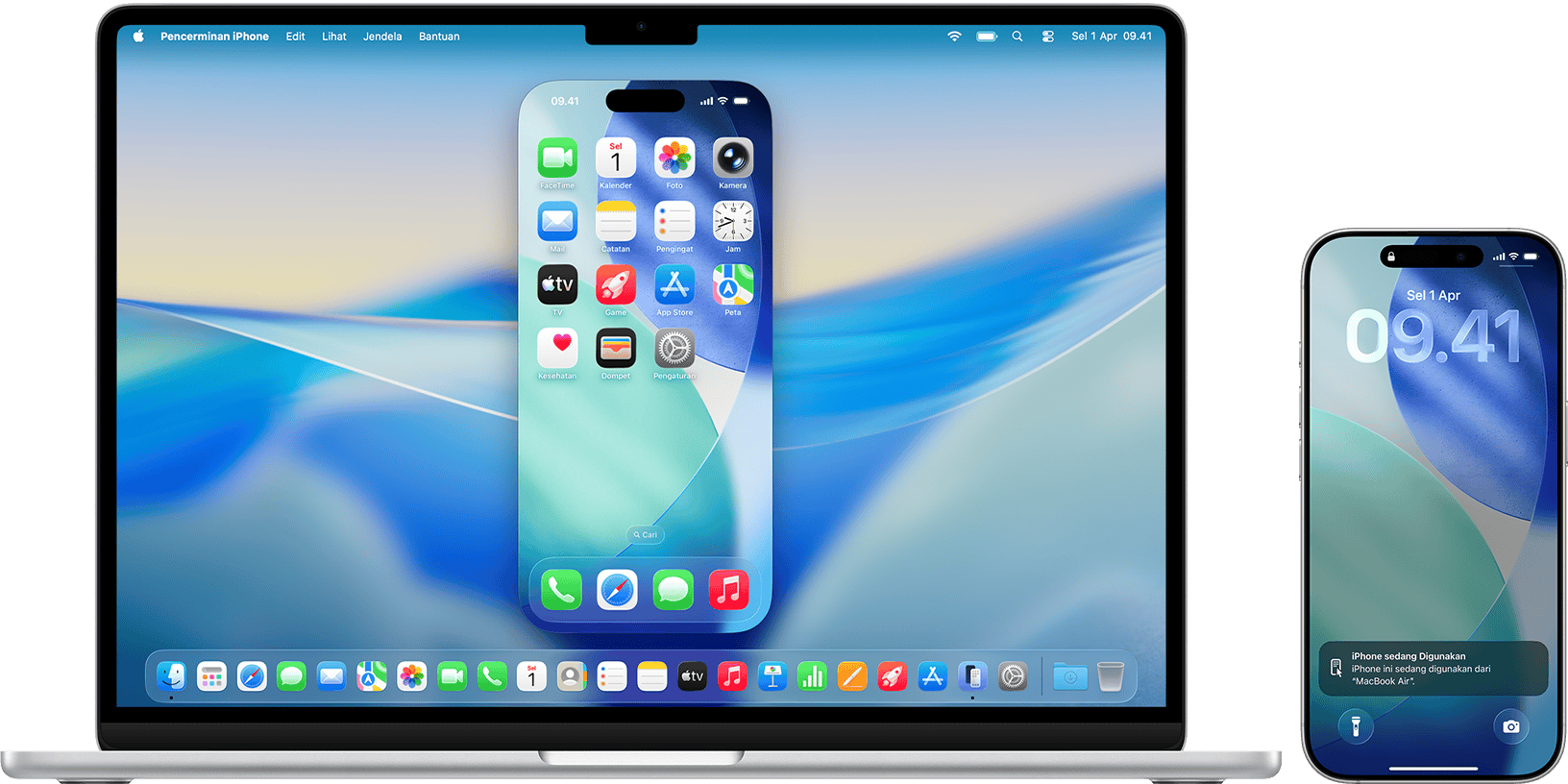 MacBook Air mencerminkan iPhone di dekatnya.