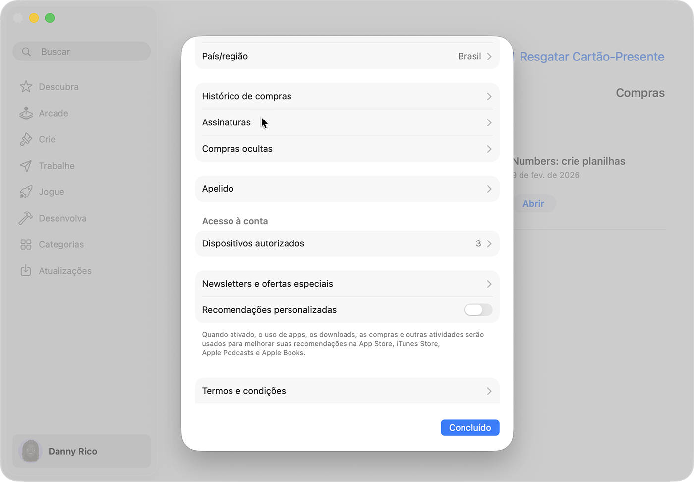 Ajustes da Conta Apple na App Store no Mac.