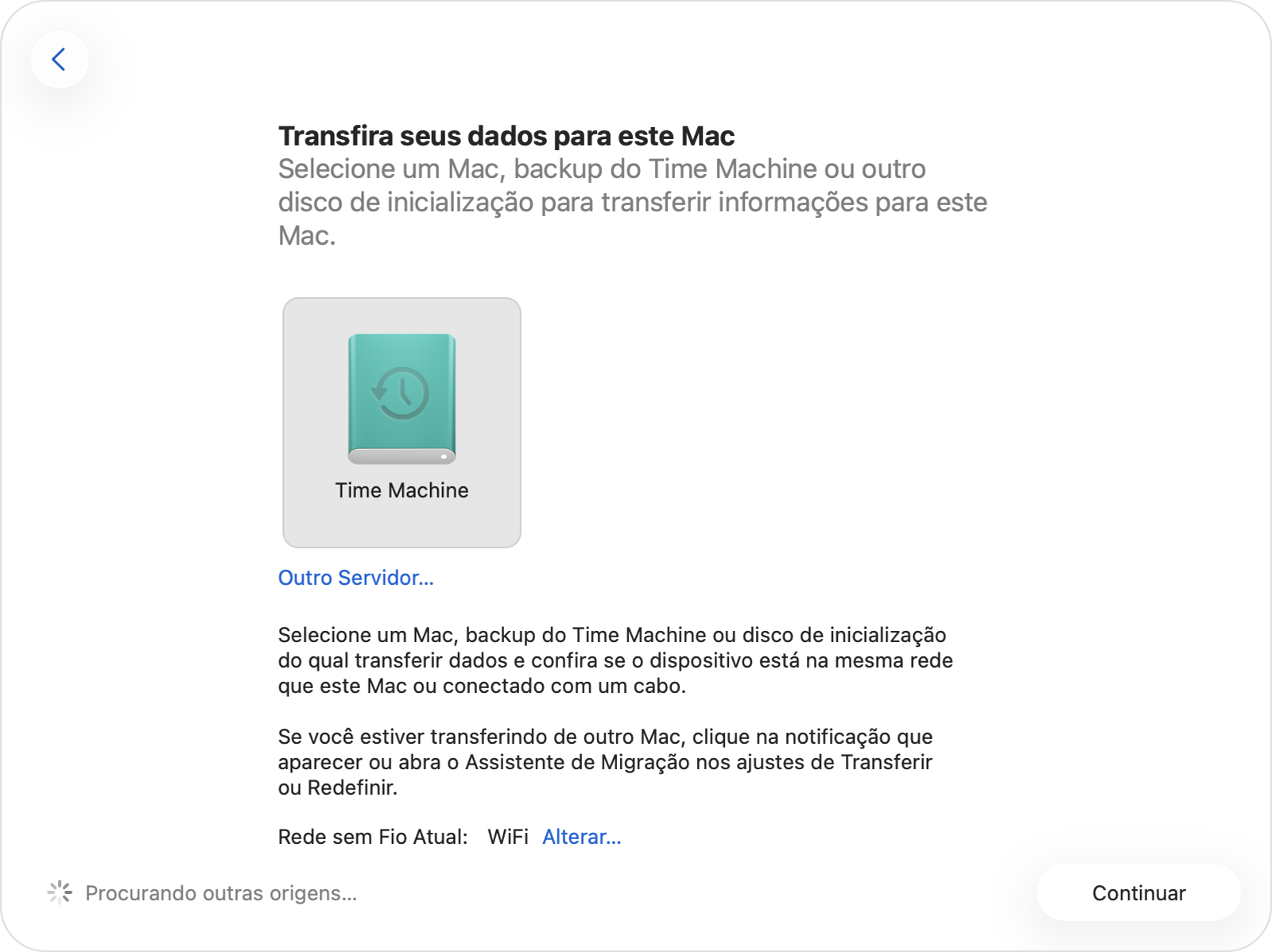Assistente de Migração mostrando o ícone selecionado de um disco do Time Machine.