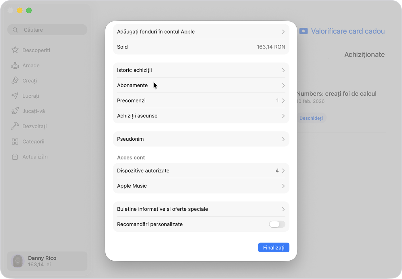 Configurările contului Apple în App Store pe Mac.