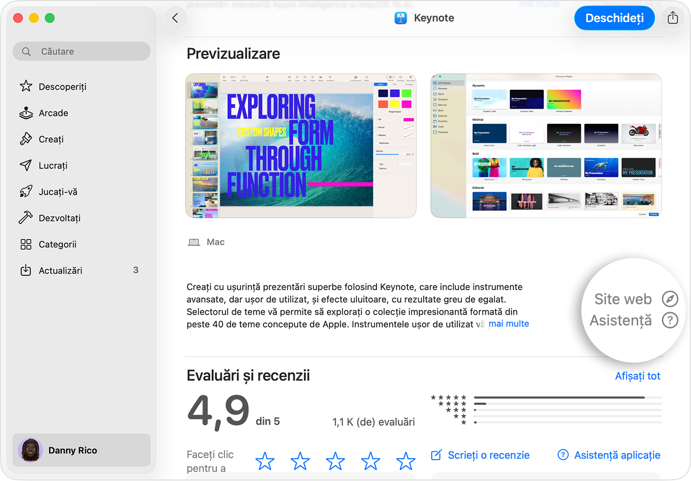 Pe un computer Mac, vezi App Store afișând pagina Previzualizează pentru Keynote. În partea dreaptă jos, butoanele Site web și Asistență sunt evidențiate.