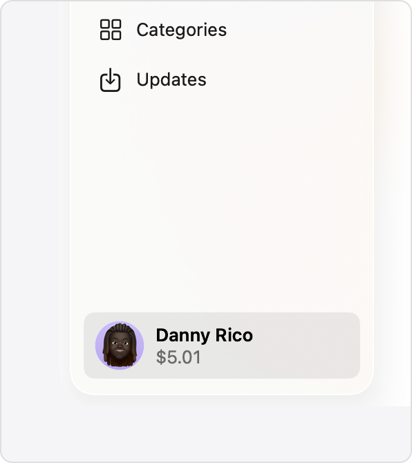 In the App Store on macOS, the account balance is displayed at the bottom of the sidebar.