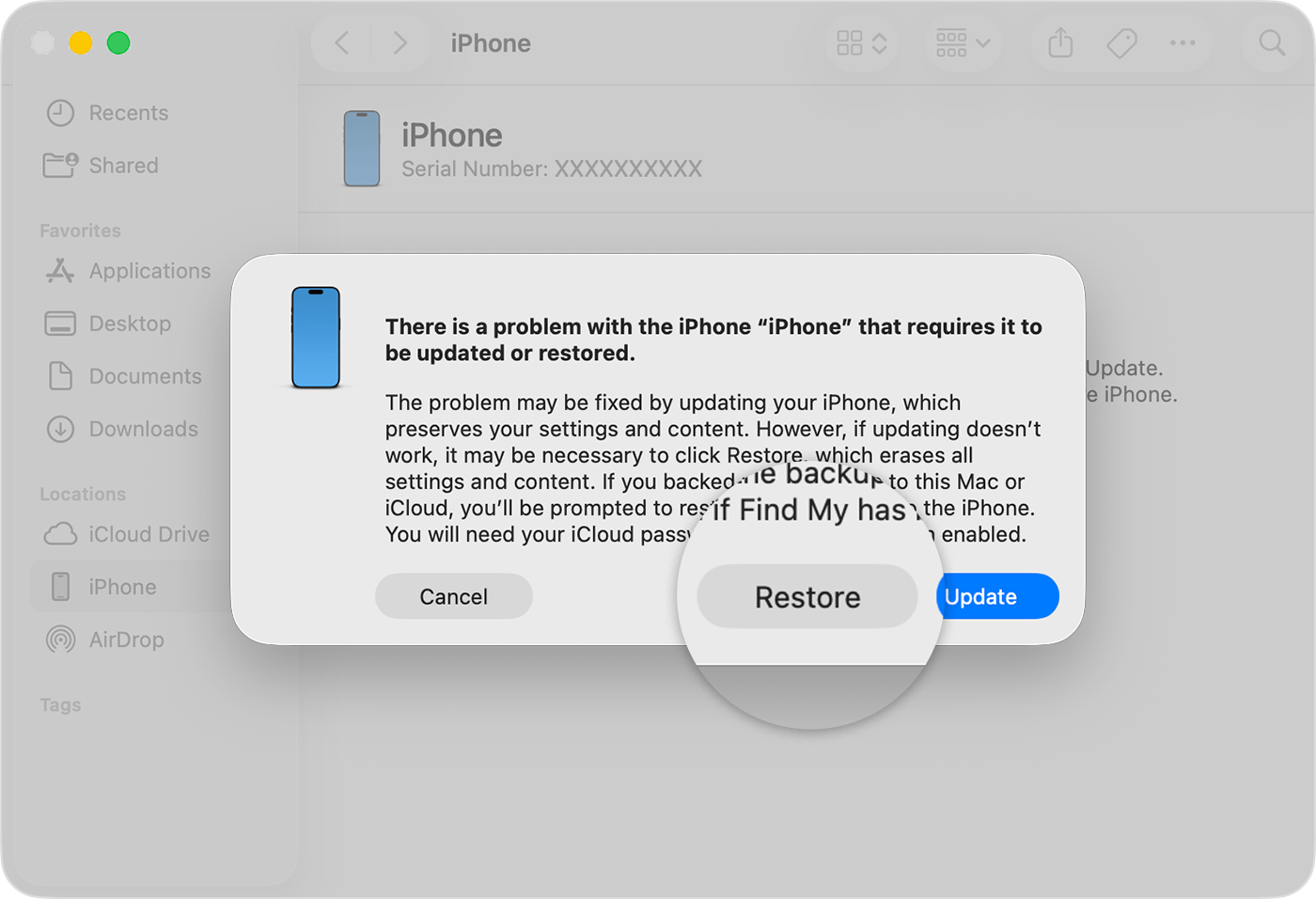 After you connect your iPhone to your computer, tap Restore when you have the option.