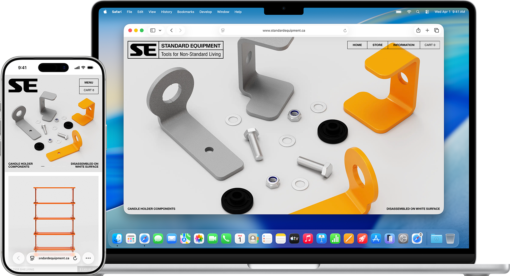 iPhoneとMacが並んでいて、DockにHandoffアイコンが表示され、両方のデバイスに同じ書類が表示されているところ。