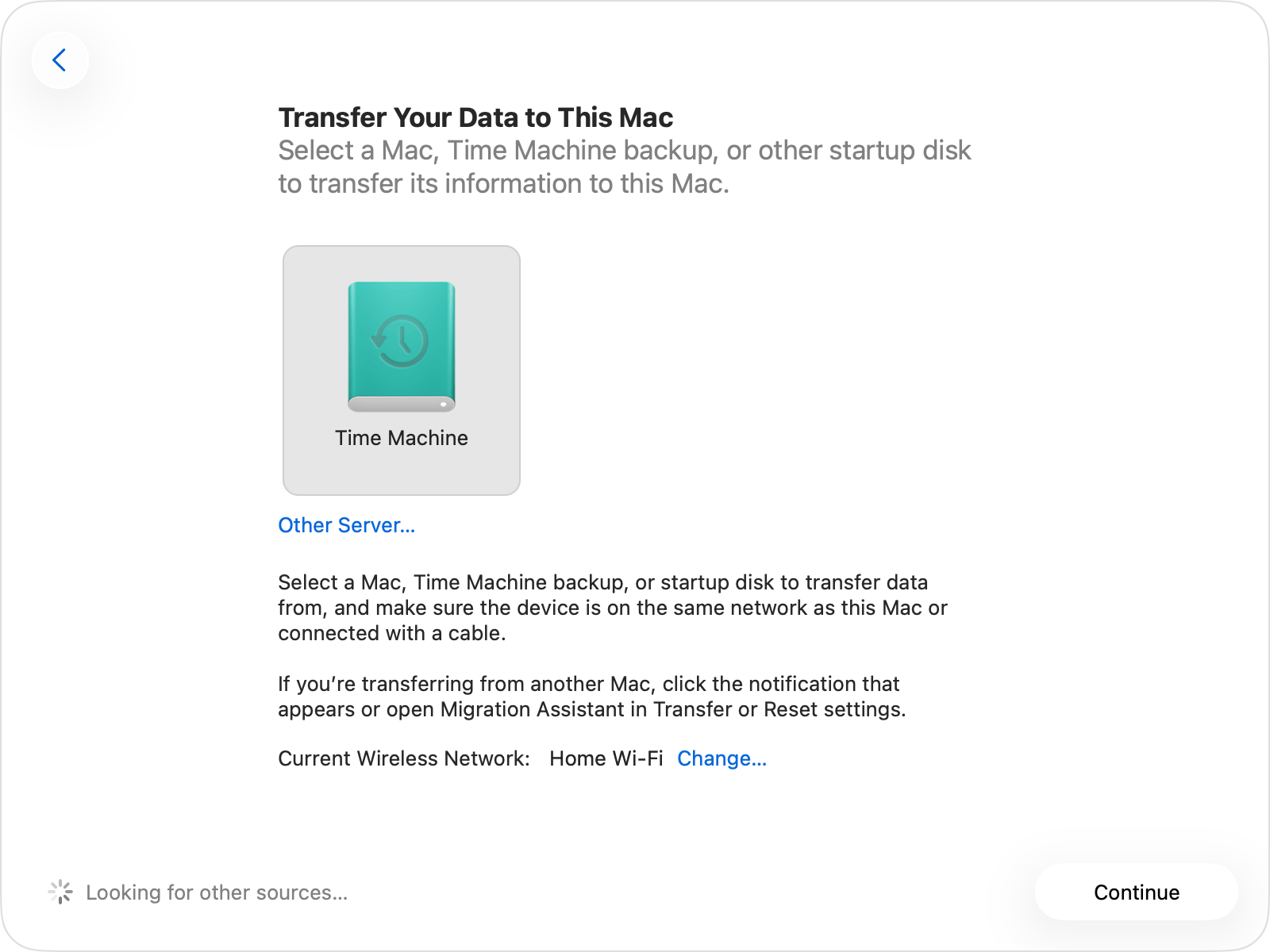 Migration Assistant showing the selected icon of a Time Machine disk.