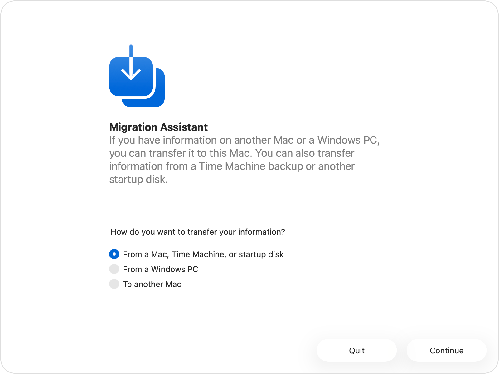 Migration Assistant with the "From a Mac, Time Machine, or startup disk" option selected.