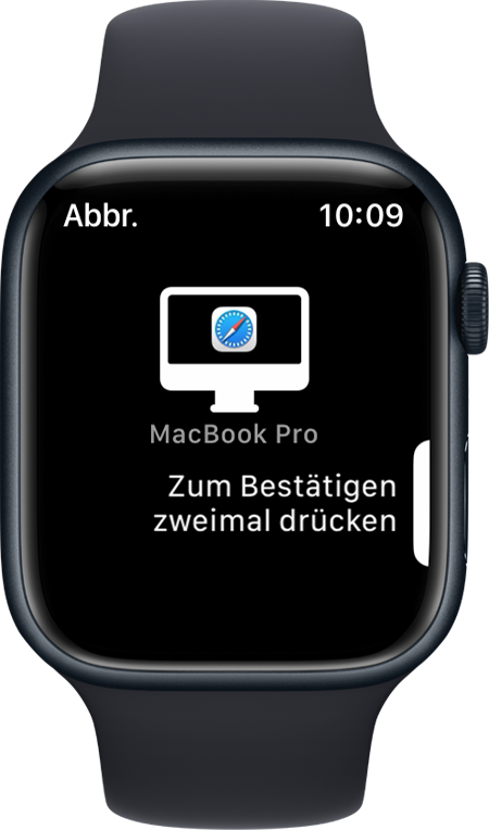 Apple Watch-Bildschirm mit einer Meldung, die den Benutzer auffordert, zum Genehmigen einen Doppelklick auszuführen.