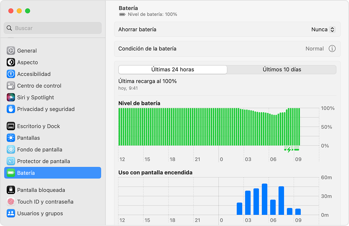 Configuración de batería, donde se muestra que la condición de la batería es “Normal”.