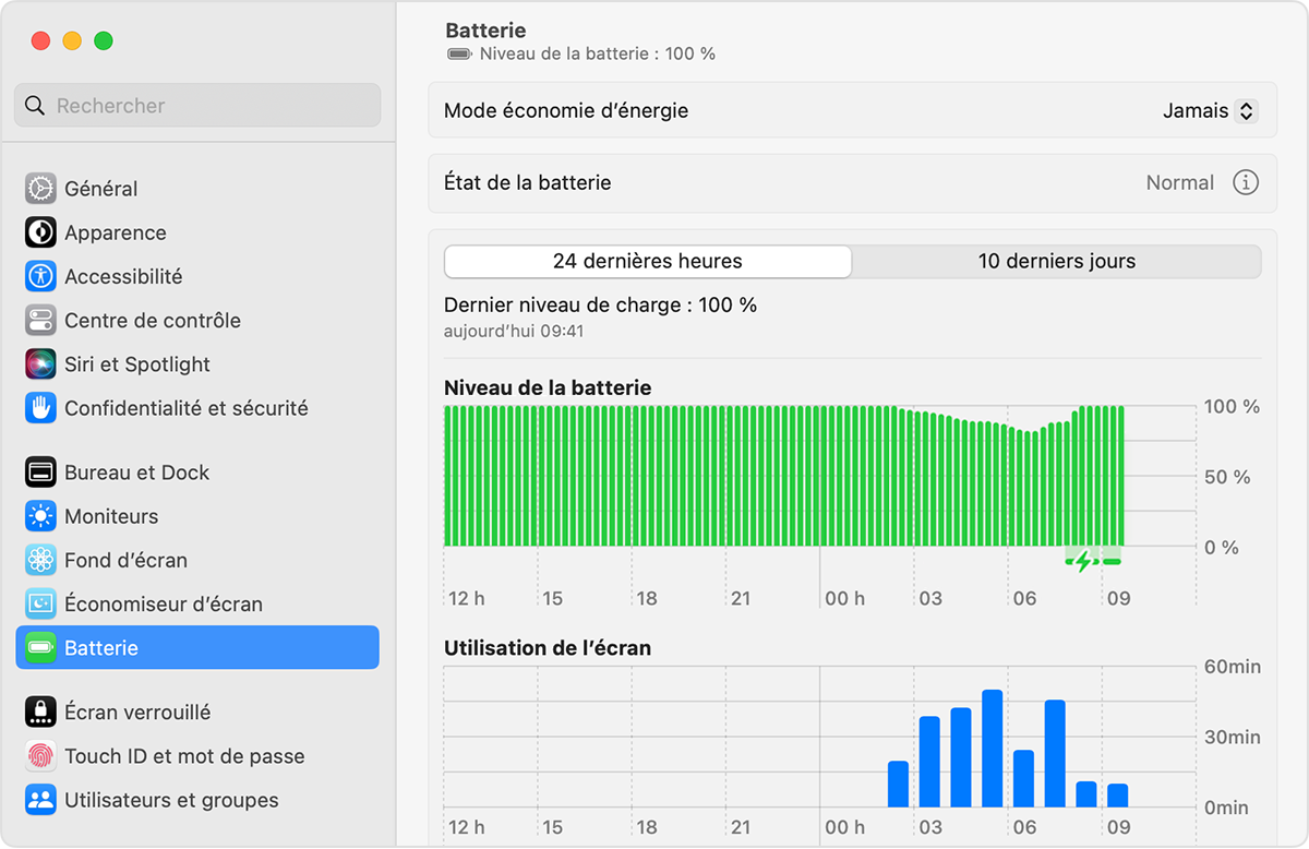 Réglages de la batterie, affichant l’état « Normal » pour la batterie