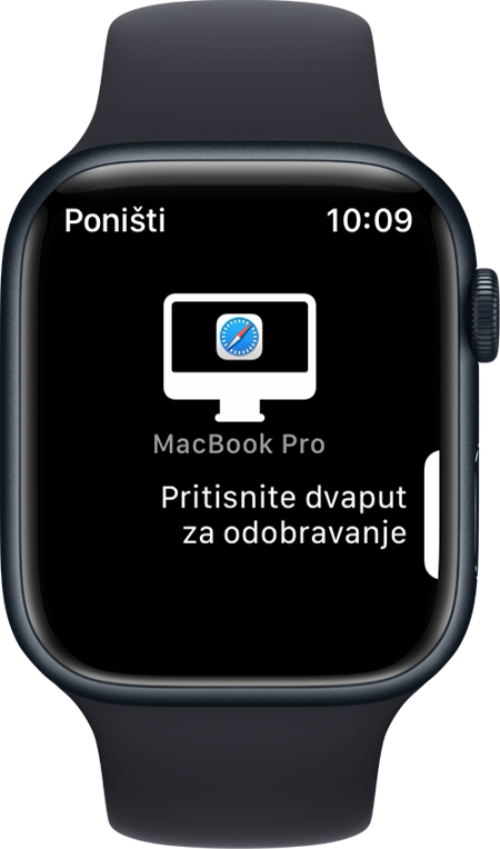 Zaslon Apple Watcha s prikazanom porukom koju treba dvaput kliknuti za odobrenje.