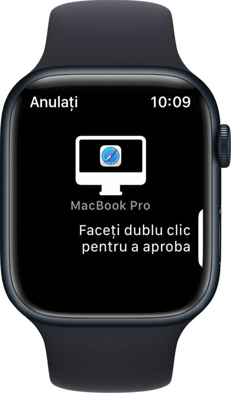 Un Apple Watch care afișează un mesaj cu opțiunea de dublu clic pentru aprobare.