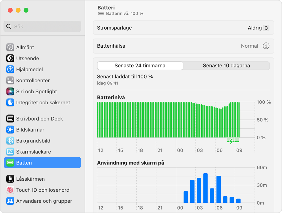 Batteri-inställningar, som visar Batterihälsan Normal.