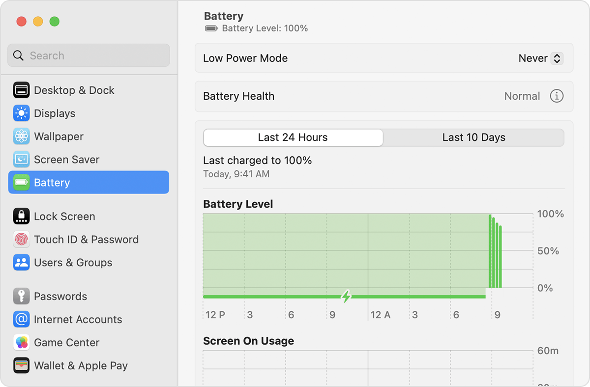 Battery settings, showing Battery Health "Normal".