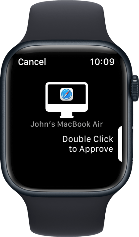 Apple Watch screen showing message to double click to approve.