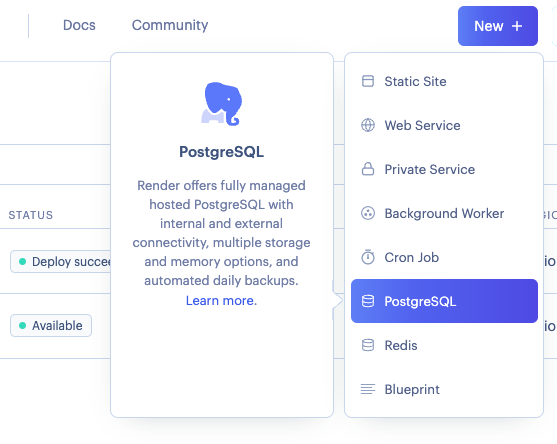 dropdown menu containing static site, web service, private service, background worker, cron job, postgresql, redis, and blueprint. postgresql is selected.