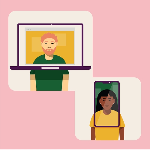 Two colleagues communicating from inside a phone and computer
