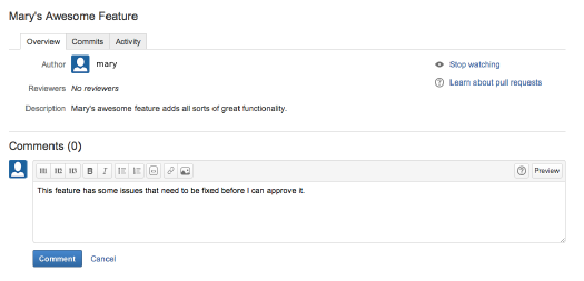 Comentário do Bitbucket na pull request