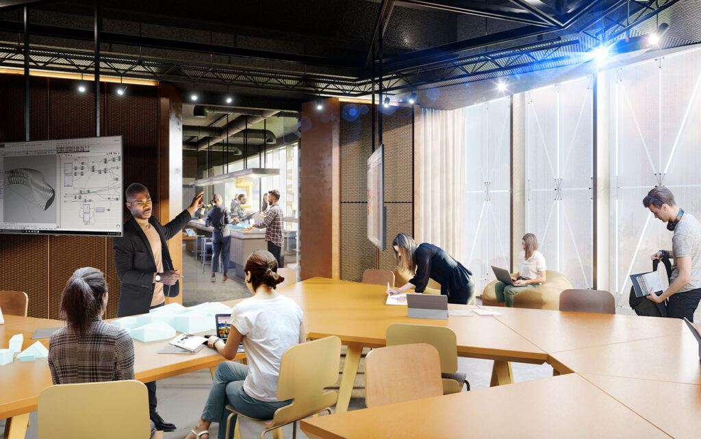 An architectural rendering of the Sam Ibrahim Centre for Inclusive Excellence in Entrepreneurship, Innovation and Leadership