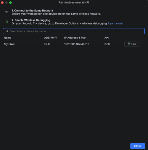 Всплывающее окно "Сопряжение устройств по Wi-Fi"