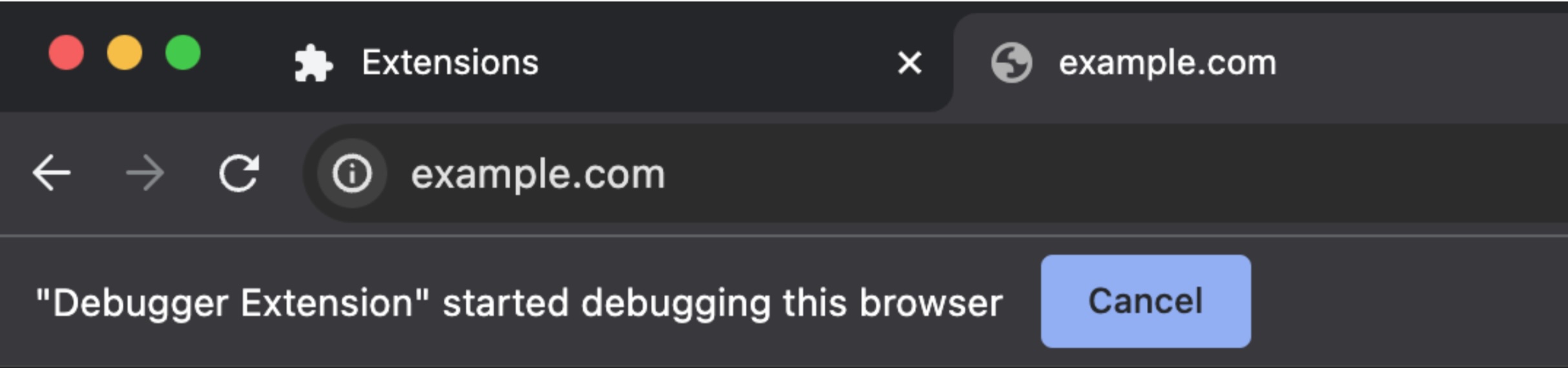 Screenshot van de adresbalk in Chrome met de melding 'Debugger Extension started debugging this browser'.