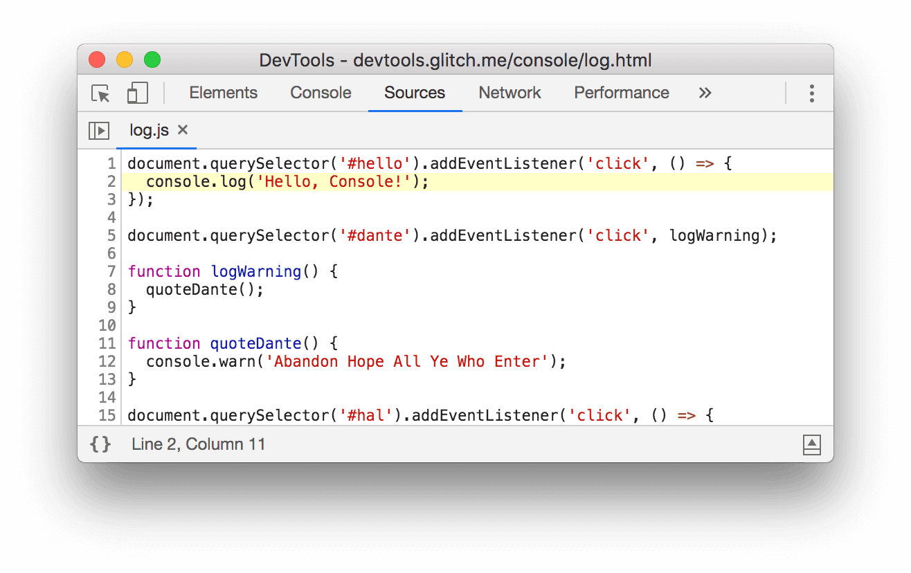 Geliştirici Araçları, log.js:2'yi tıkladıktan sonra Kaynaklar panelini açar.