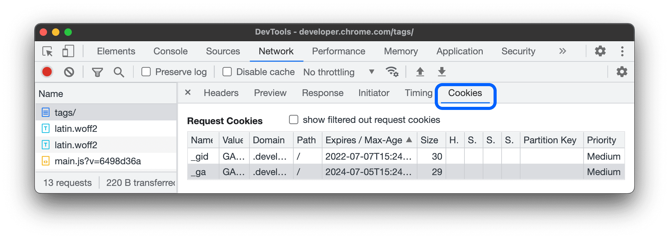 Der Tab „Cookies“.