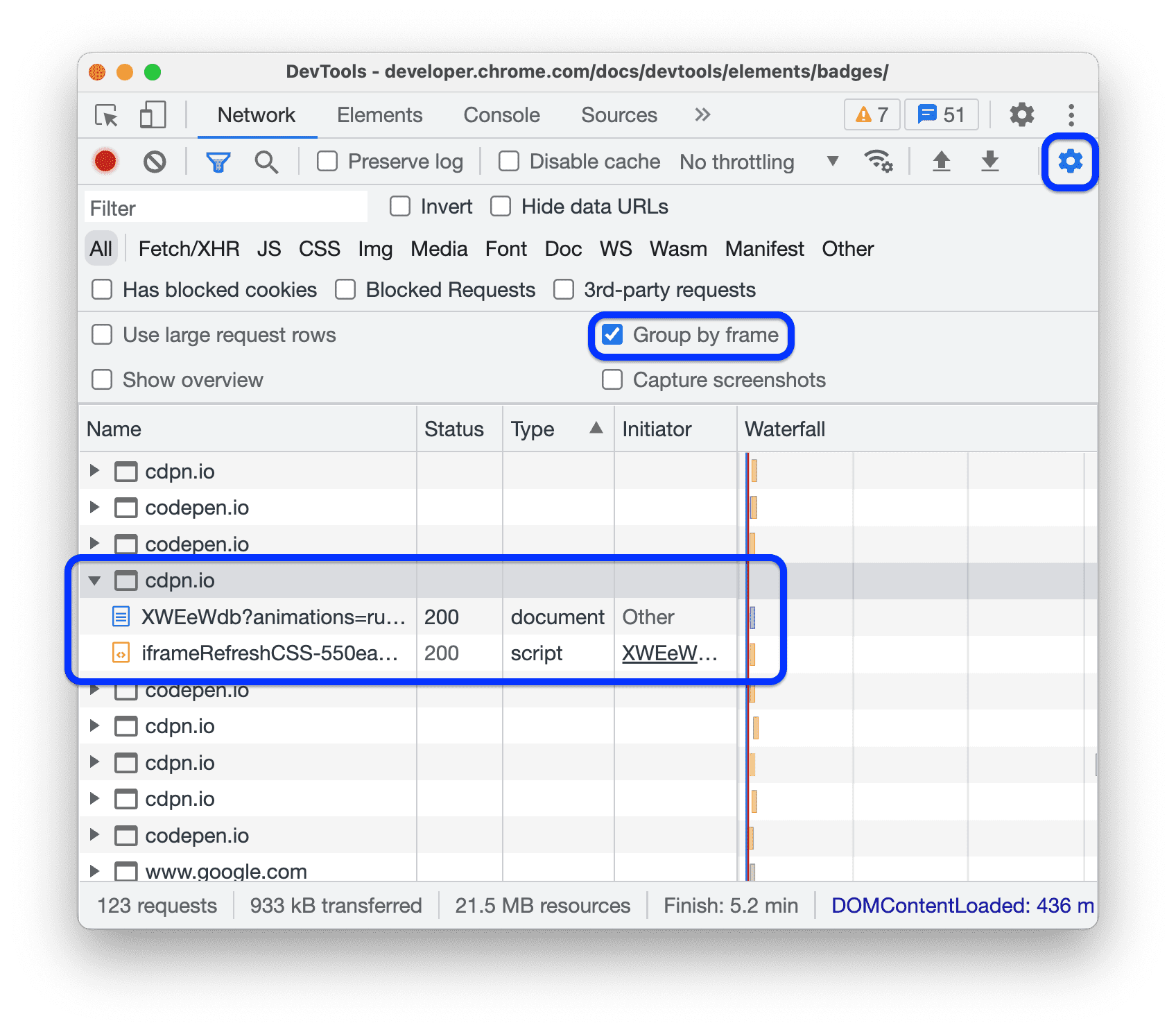 リクエストが iframe 別にグループ化されたネットワーク リクエスト ログ。