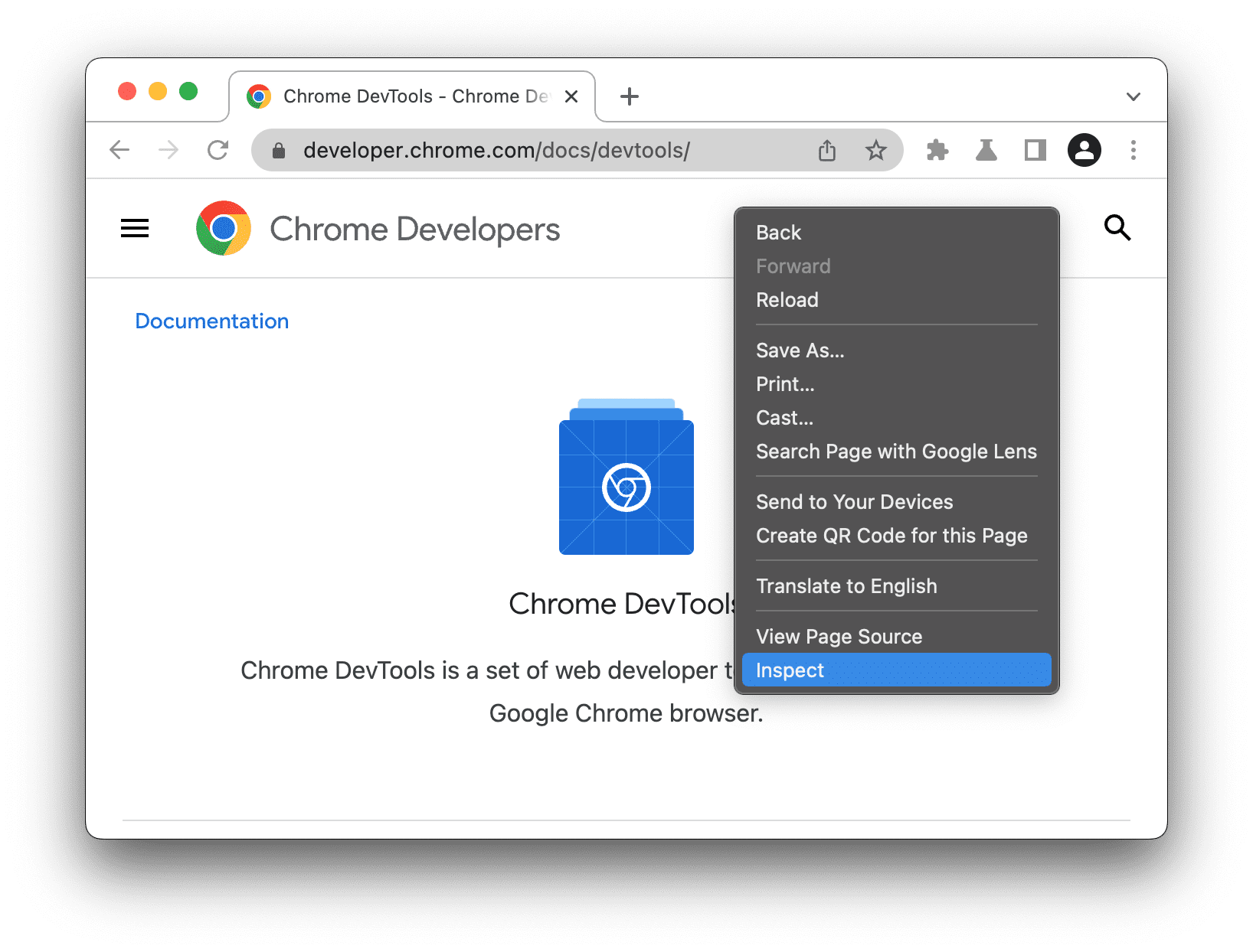 خيار "فحص" في قائمة منسدلة في Chrome