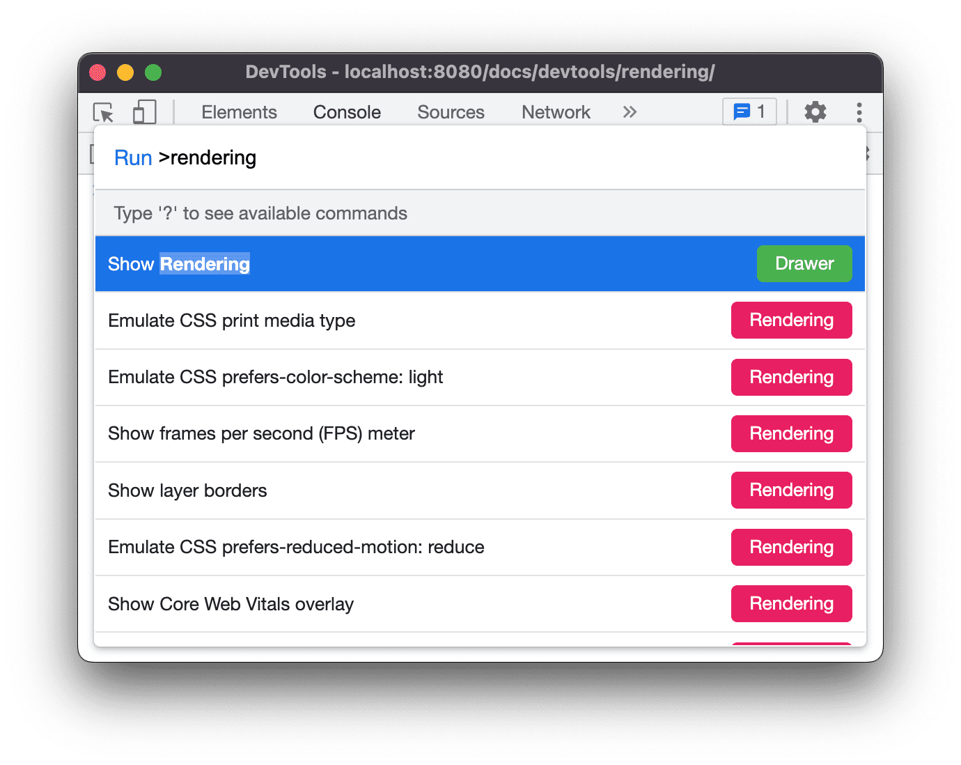Menu de commandes, "Rendering" (Affichage)
