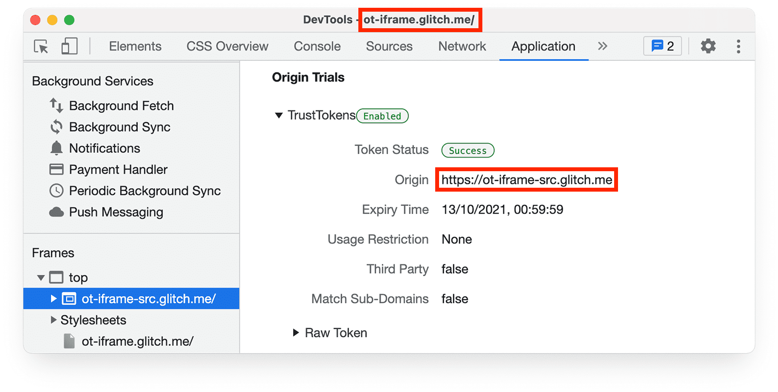 Chrome Geliştirici Araçları
iframe'deki sayfanın kaynak deneme jetonlarını gösteren uygulama paneli.
