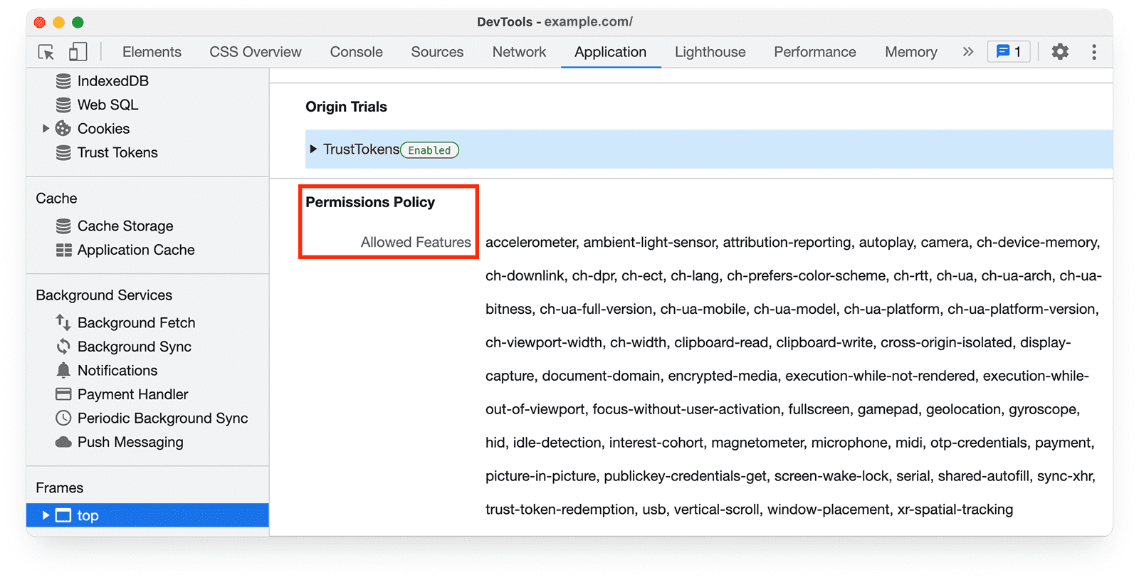 İzinler Politikası'na İzin Verilen Özellik'i gösteren Chrome Geliştirici Araçları Uygulama paneli.