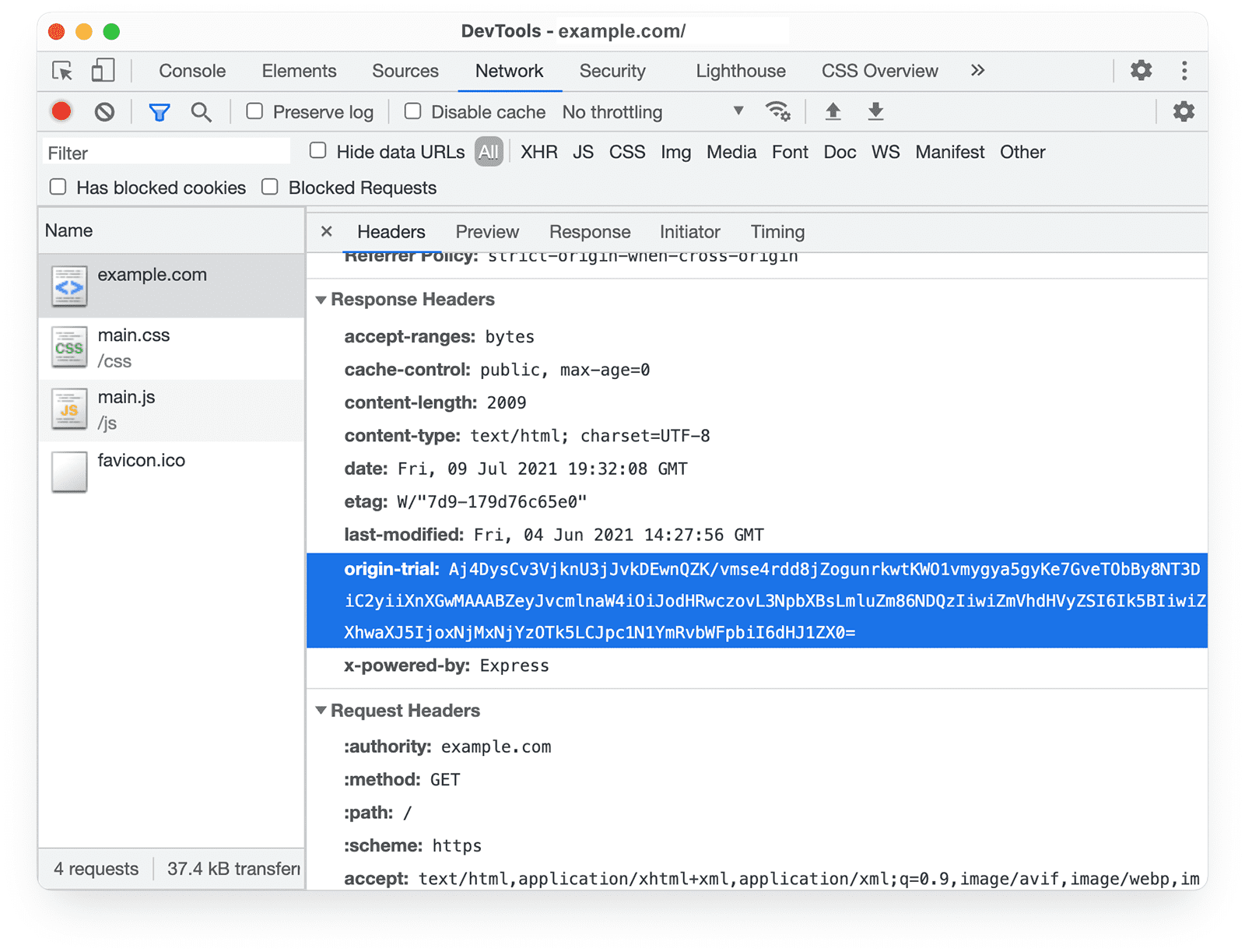 Kaynak denemeleri yanıt başlığını gösteren Chrome Geliştirici Araçları Ağ paneli.