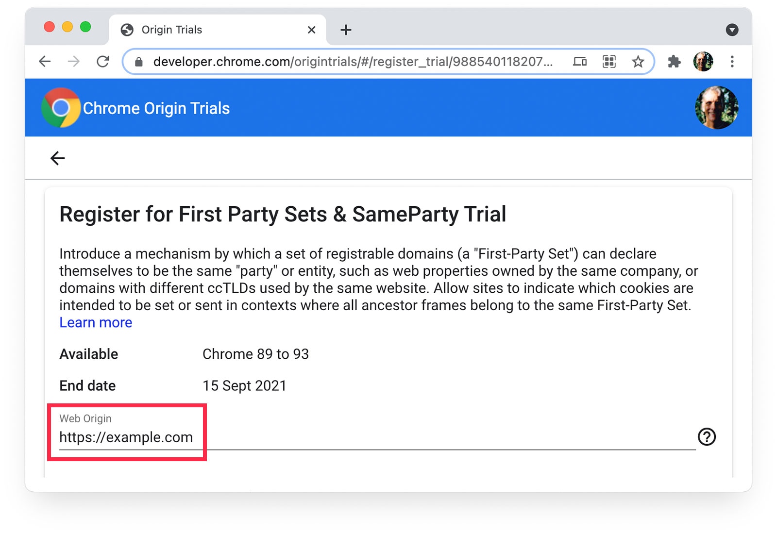 Web kaynağı olarak https://example.com'un seçildiğini gösteren Chrome Kaynak Denemeleri sayfası.