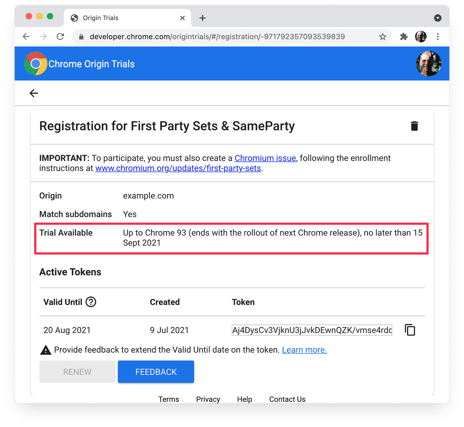 First-Party Sets ve SameParty için Chrome Origin Trials sayfası (deneme sürümü kullanılabilir ayrıntıları vurgulanmıştır).